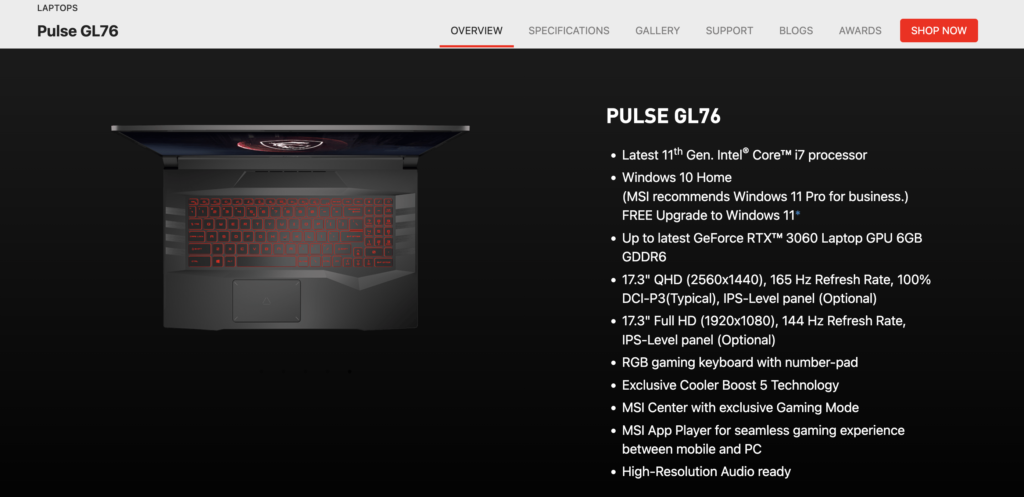 MSI Pulse GL76 key features