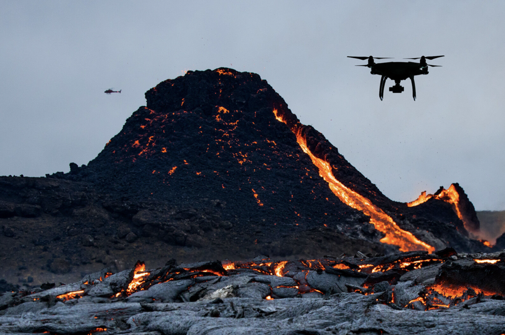 scientific drone flying near volcano